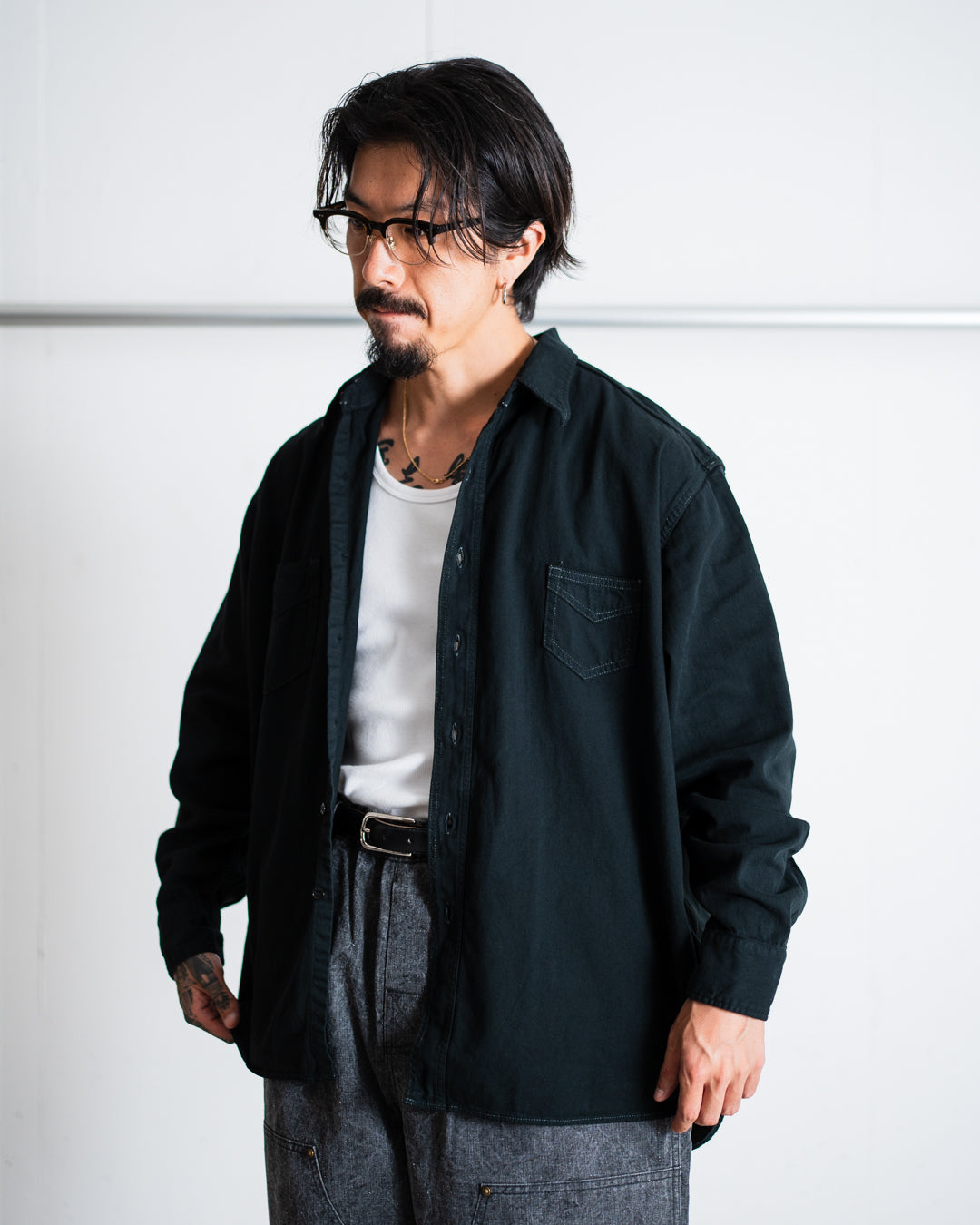 FOUNDOUR BLACK DYED DENIM SHIRT