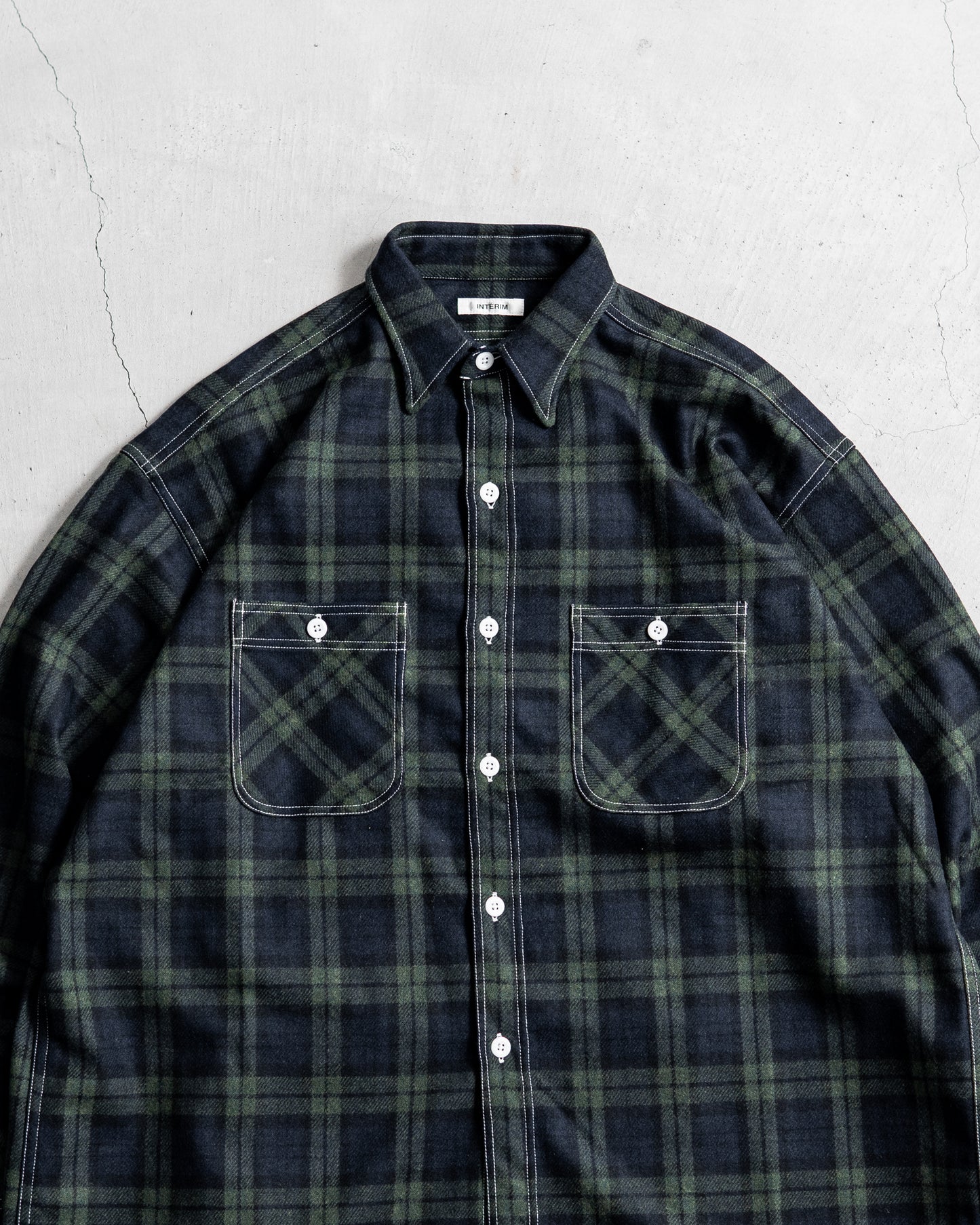 INTERIM HYPER BIG TARTAN WOOL DRAPE MILITARY WORK SHIRTS