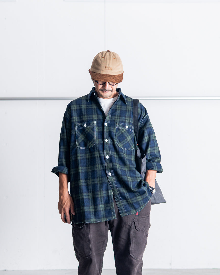 INTERIM HYPER BIG TARTAN WOOL DRAPE MILITARY WORK SHIRTS