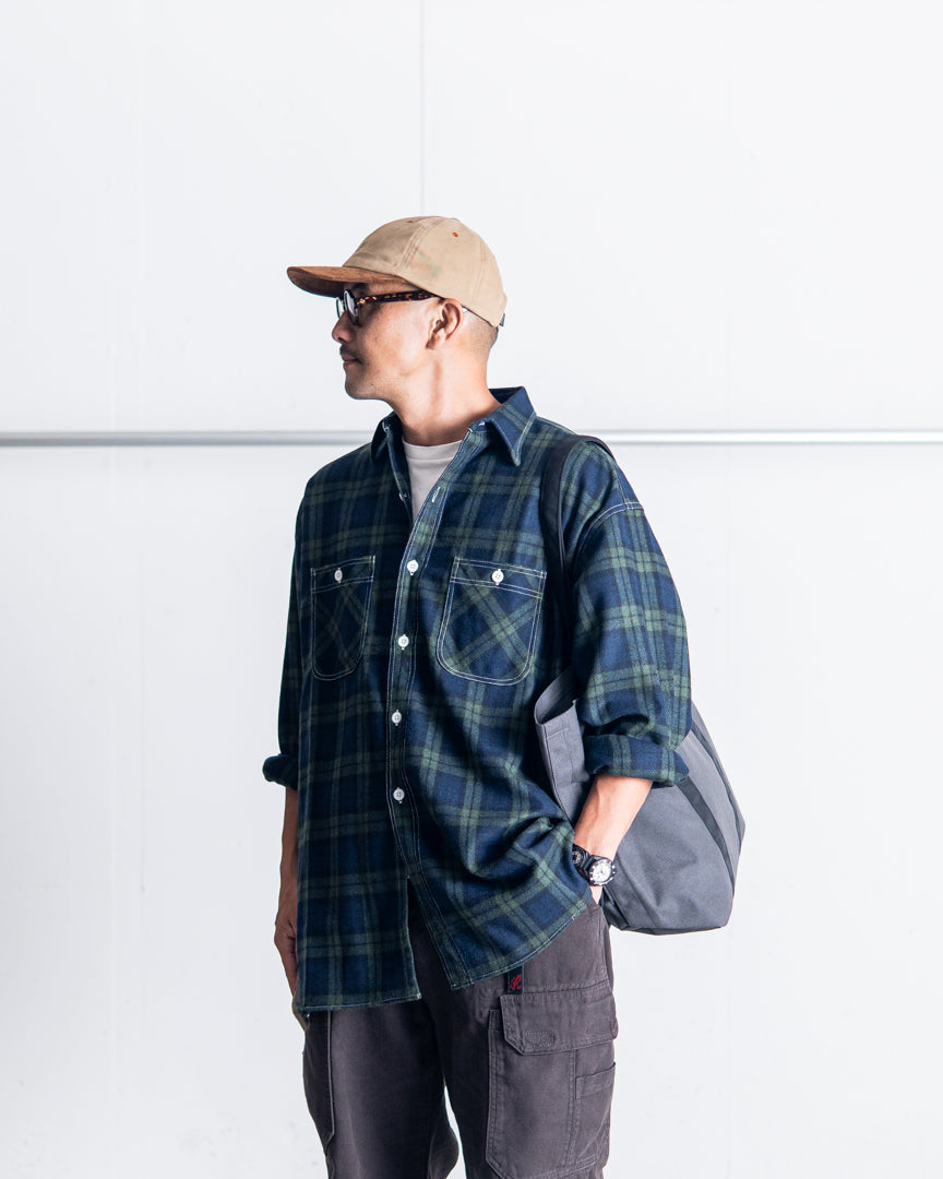 INTERIM HYPER BIG TARTAN WOOL DRAPE MILITARY WORK SHIRTS