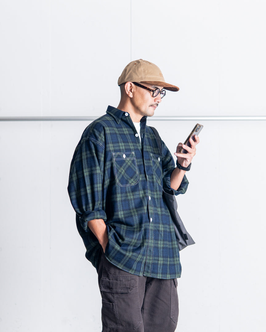 INTERIM HYPER BIG TARTAN WOOL DRAPE MILITARY WORK SHIRTS