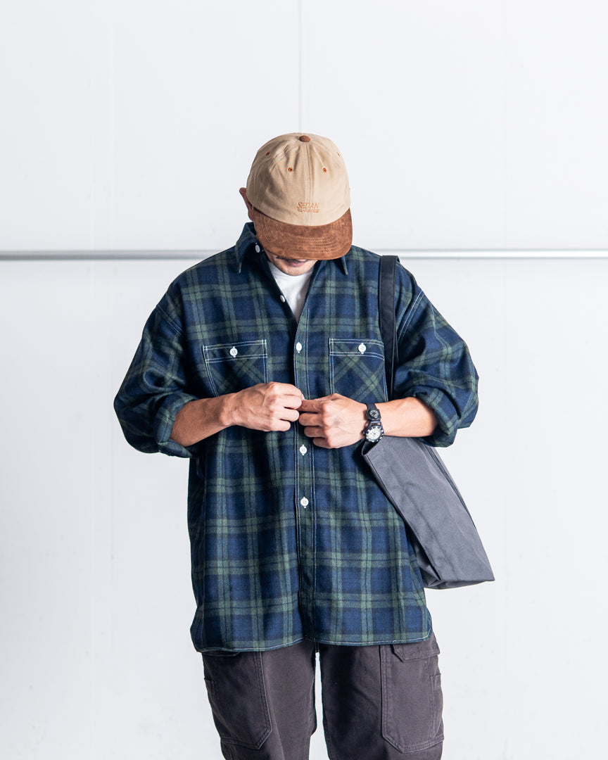 INTERIM HYPER BIG TARTAN WOOL DRAPE MILITARY WORK SHIRTS