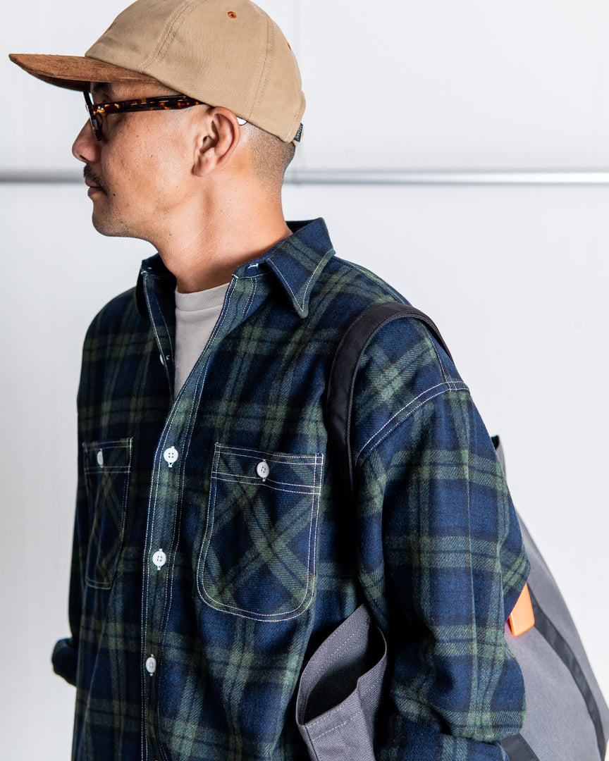 INTERIM HYPER BIG TARTAN WOOL DRAPE MILITARY WORK SHIRTS