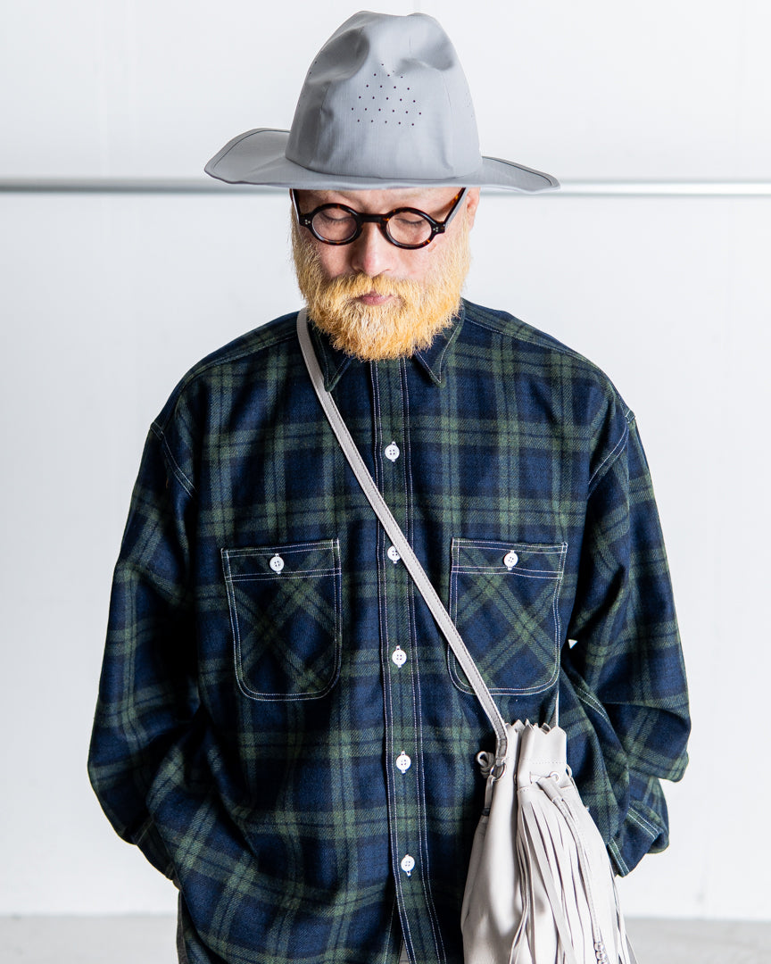 INTERIM HYPER BIG TARTAN WOOL DRAPE MILITARY WORK SHIRTS