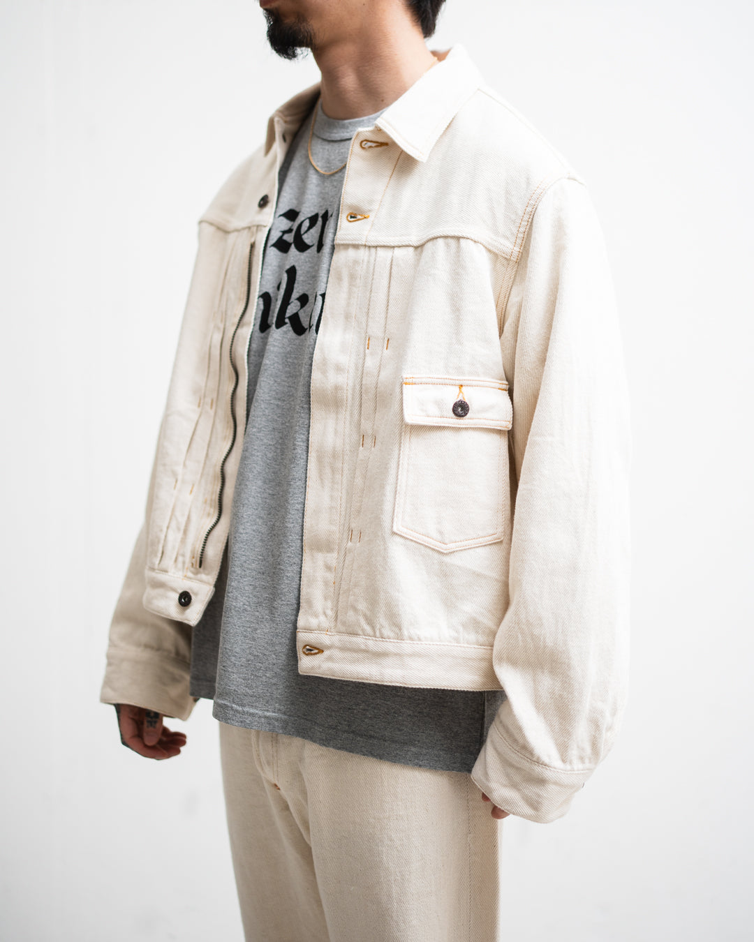 FOUNDOUR LOOSELY WOVEN DENIM ZIP UP BLOUSON
