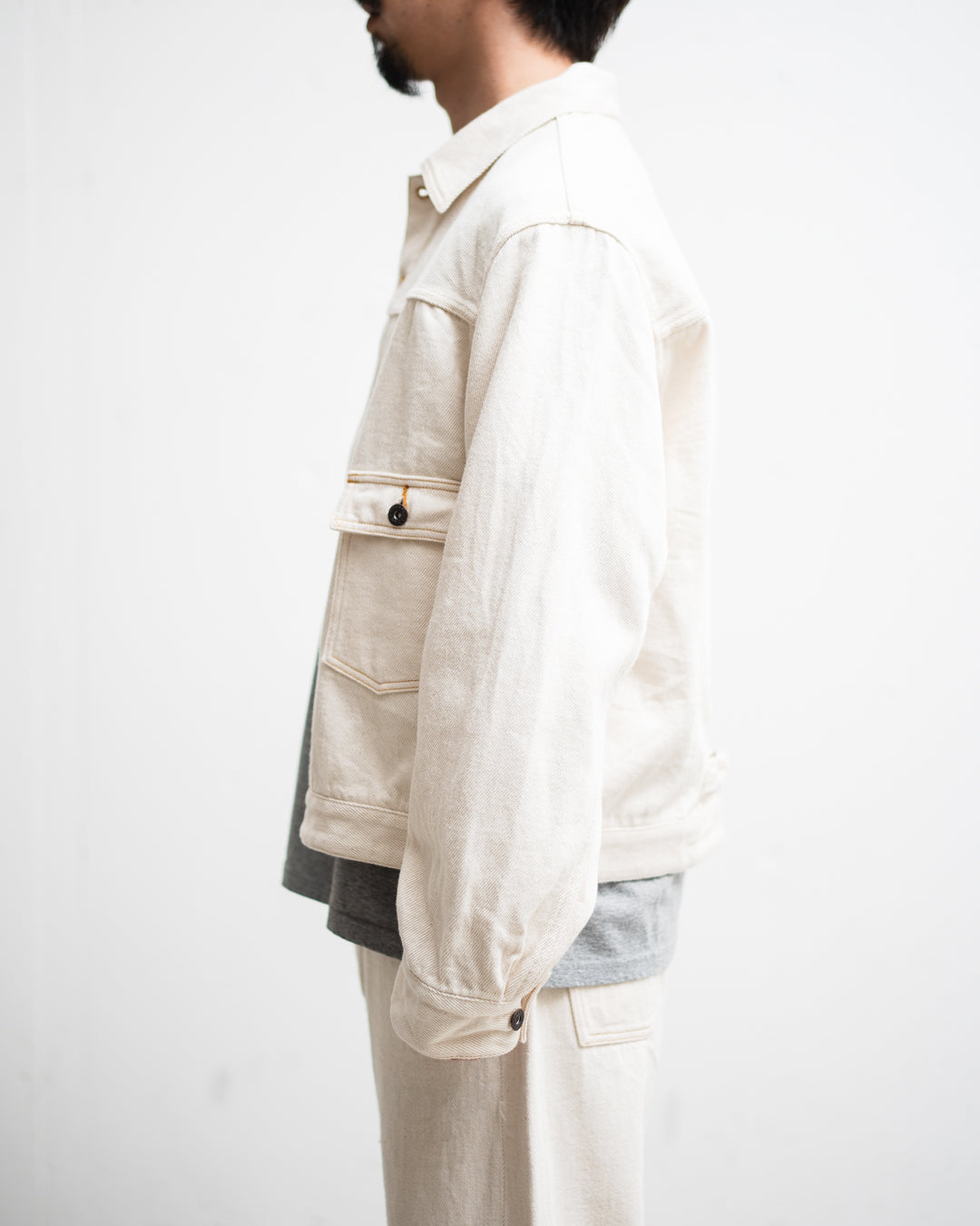 FOUNDOUR LOOSELY WOVEN DENIM ZIP UP BLOUSON