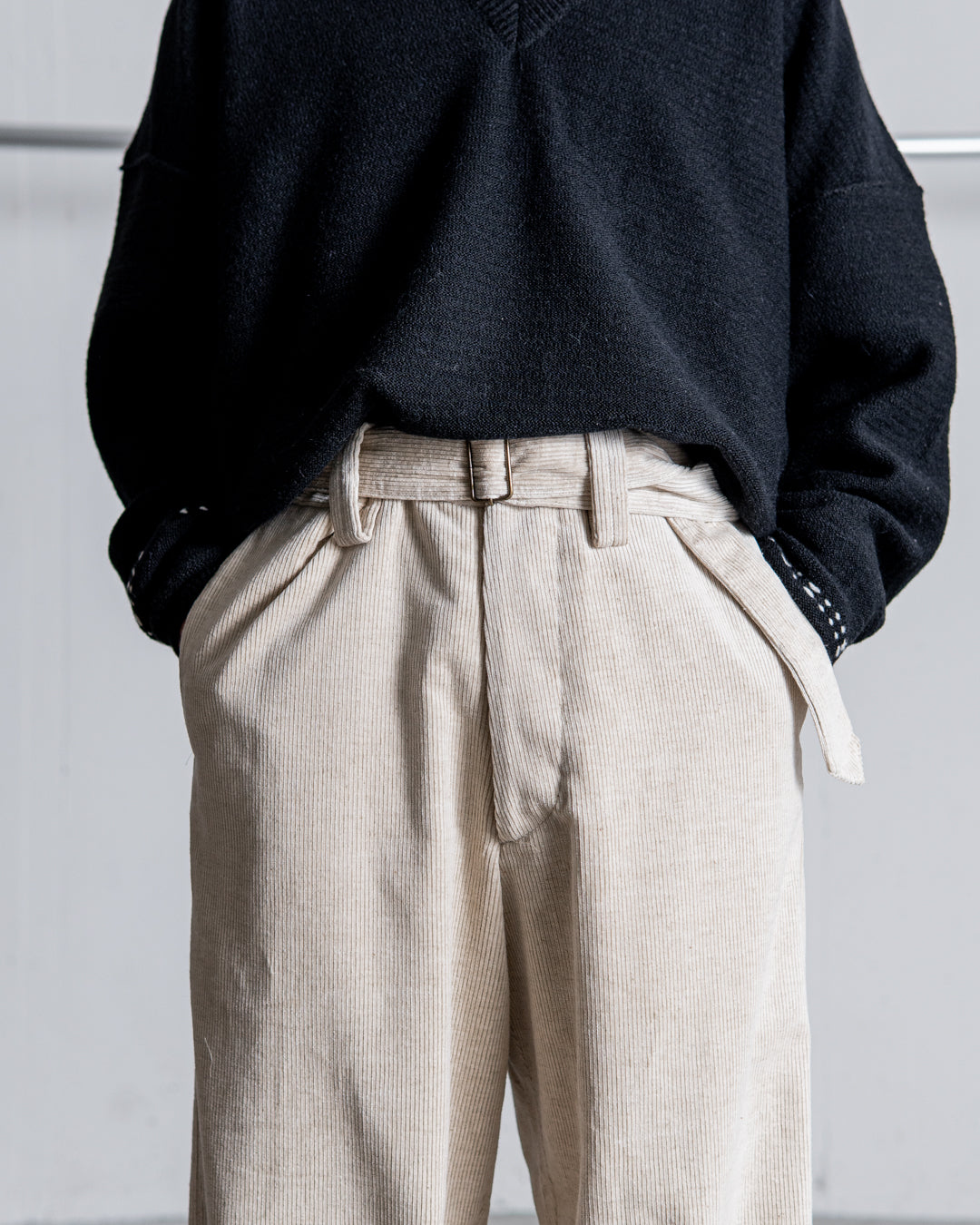 INTERIM BELTED MIL BAGGY TROUSER - 9W LINEN COTTON CORDUROY